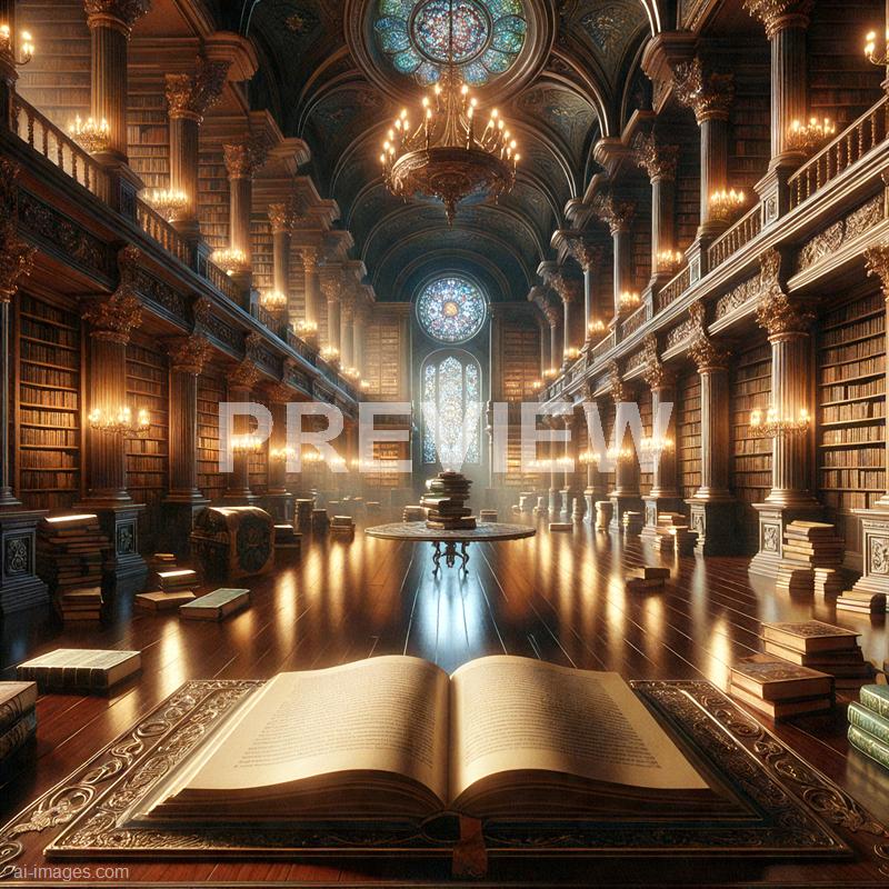 The image depicts an opulent, grand library with towering wooden bookshelves that reach up to a vaulted ceiling. The shelves are filled with numerous books, and the room is illuminated by warm, glowing chandeliers and wall-mounted candle-like lights, creating a cozy yet majestic atmosphere. Large stained-glass windows at the far end allow natural light to filter in, casting colorful patterns across the polished wooden floor, with scattered open books and stacks of books on the floor and a central table.